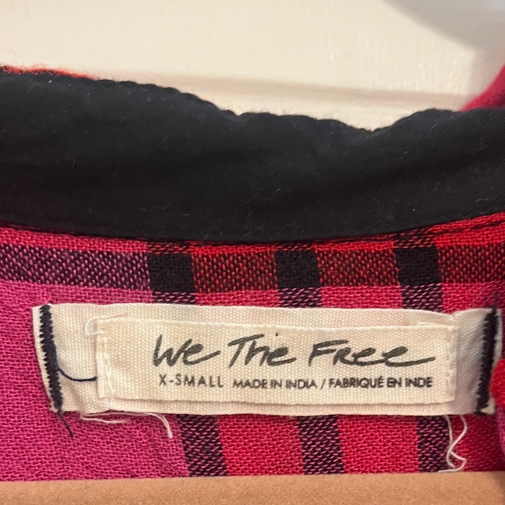 FP We The Free Pacific Dawn Drawstring Plaid Shirt Red Pink Black Button Down - Picture 3 of 10